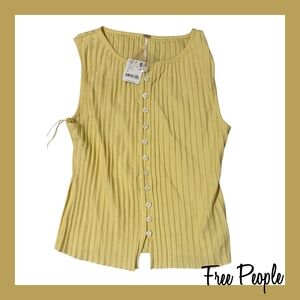 Free People Pale Yellow Ribbed Button-Front Tank